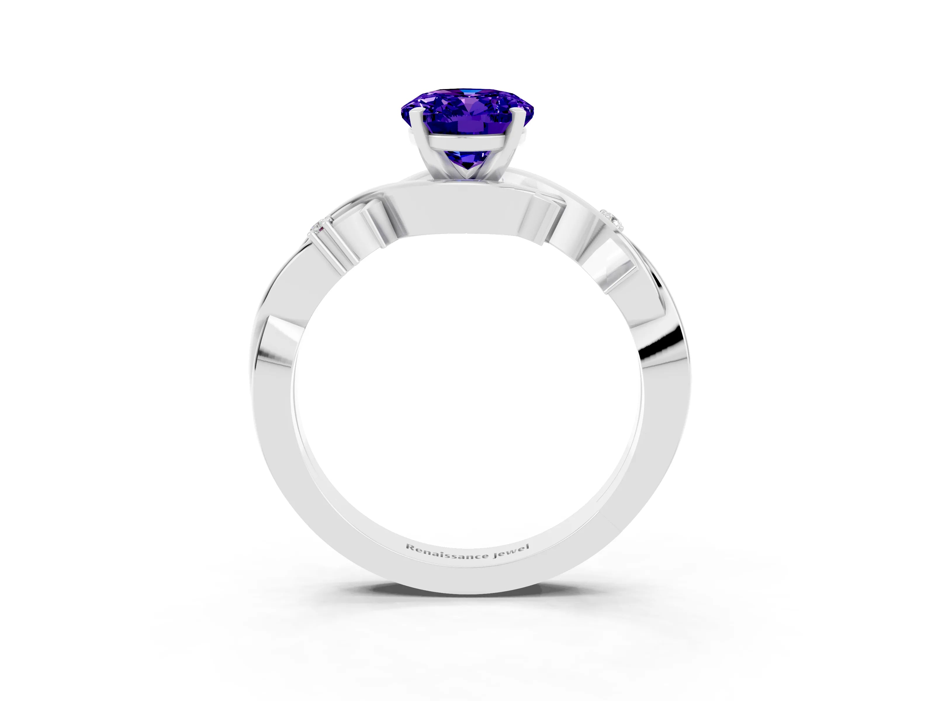 White gold Oval Cut Tanzanite Solitaire Ring with Twisted Band and Prong Setting_3