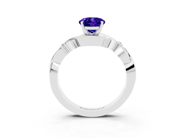 Platinum Oval Cut Tanzanite Solitaire Ring with Twisted Band and Prong Setting