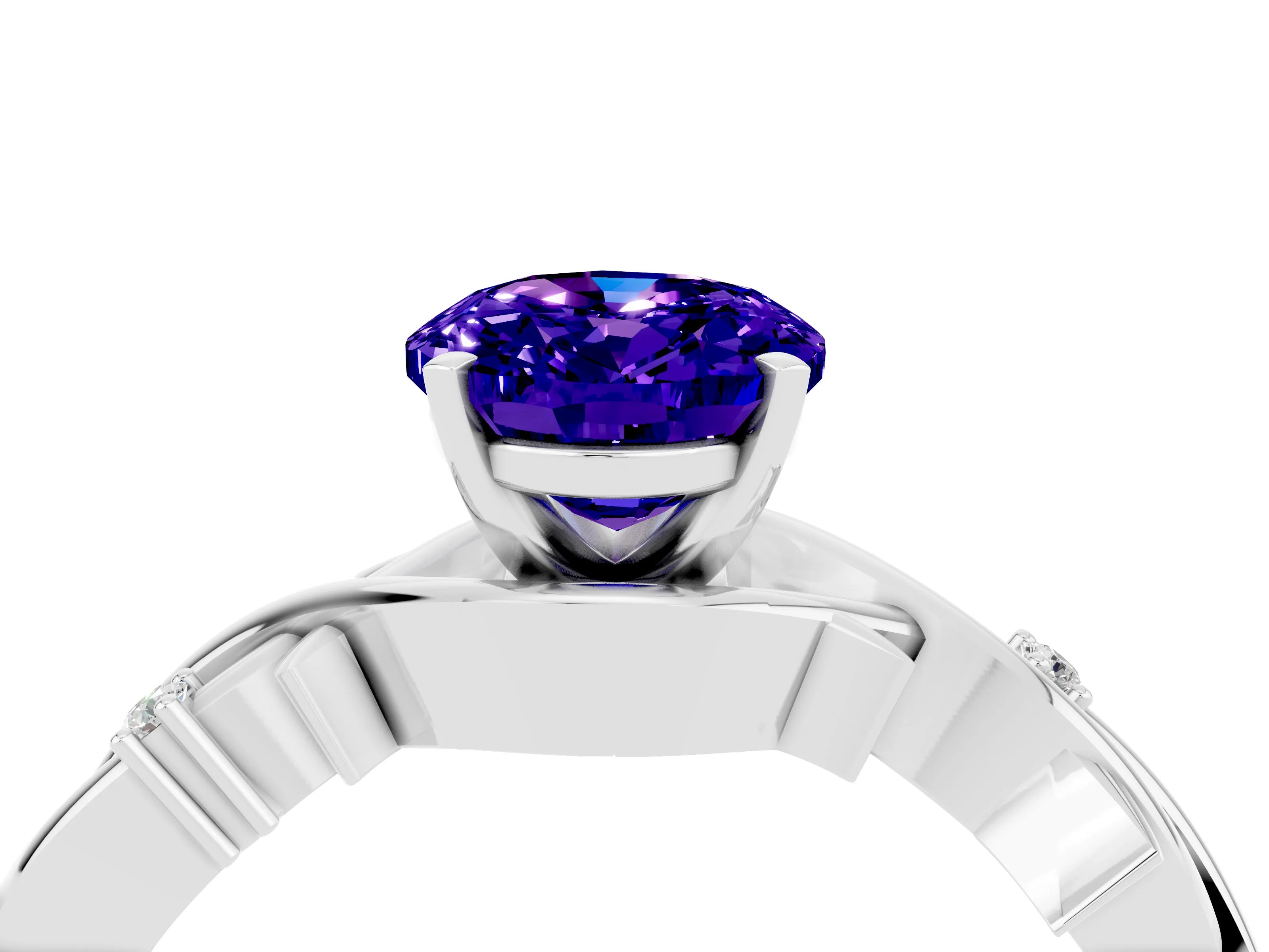 White gold Oval Cut Tanzanite Solitaire Ring with Twisted Band and Prong Setting_4