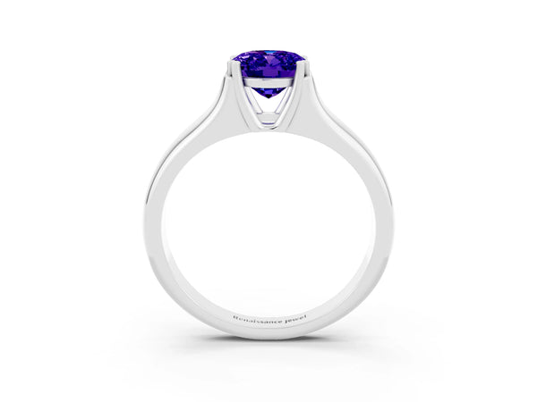 Silver Oval Cut Tanzanite Solitaire Ring with Wide Band and Prong Setting
