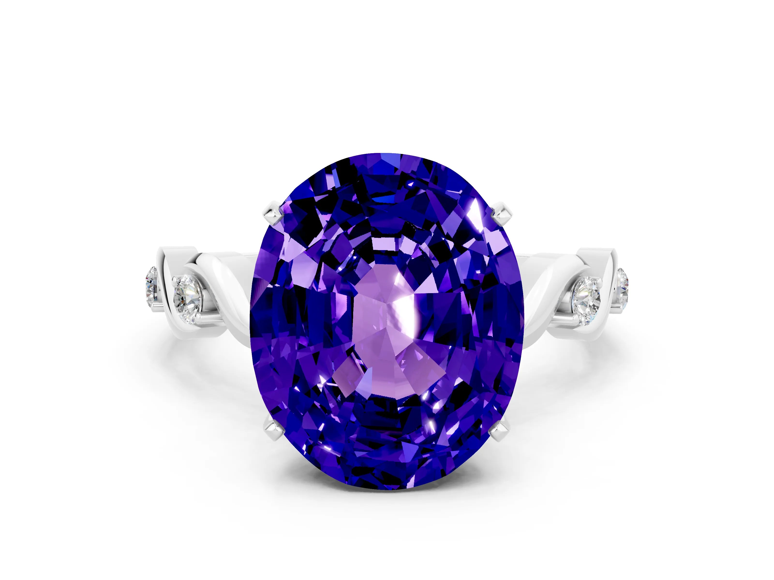 White gold Oval Cut Tanzanite Solitaire Twisted Band with Round  Accents and Prong Setting_12