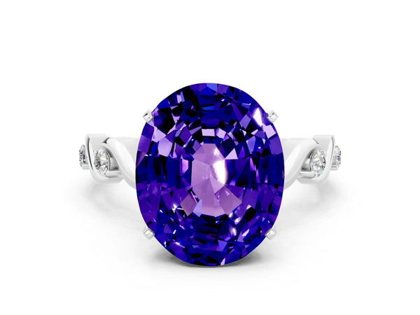 Platinum Oval Cut Tanzanite Solitaire Twisted Band with Round  Accents and Prong Setting