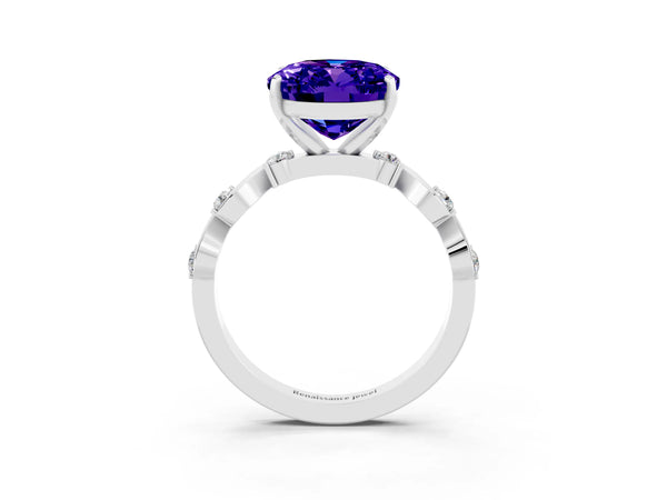 White gold Oval Cut Tanzanite Solitaire Twisted Band with Round  Accents and Prong Setting