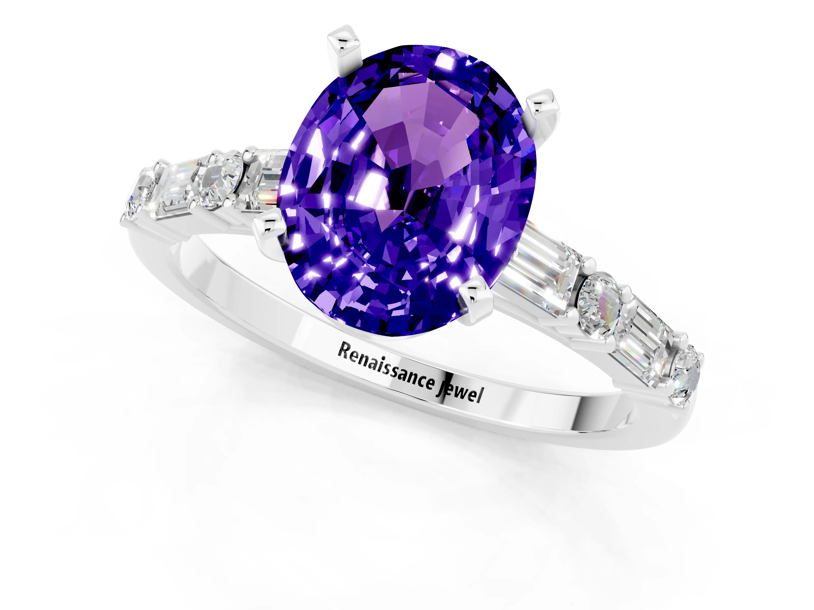 White gold Oval Cut Tanzanite Solitaire with Side Baguettes and Channel Set Band_1