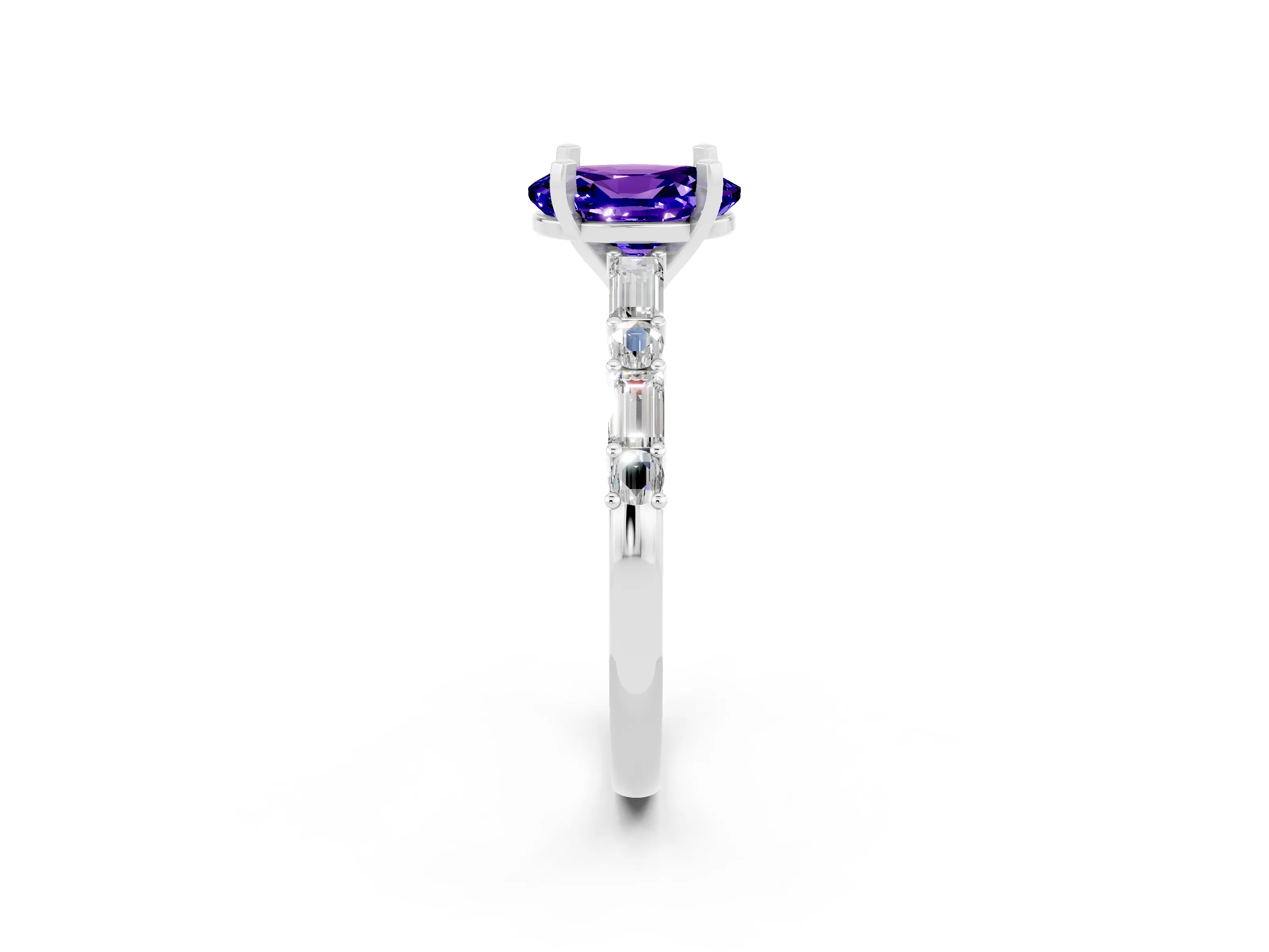 White gold Oval Cut Tanzanite Solitaire with Side Baguettes and Channel Set Band_2