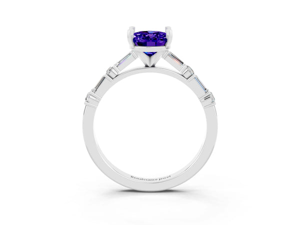 Silver Oval Cut Tanzanite Solitaire with Side Baguettes and Channel Set Band