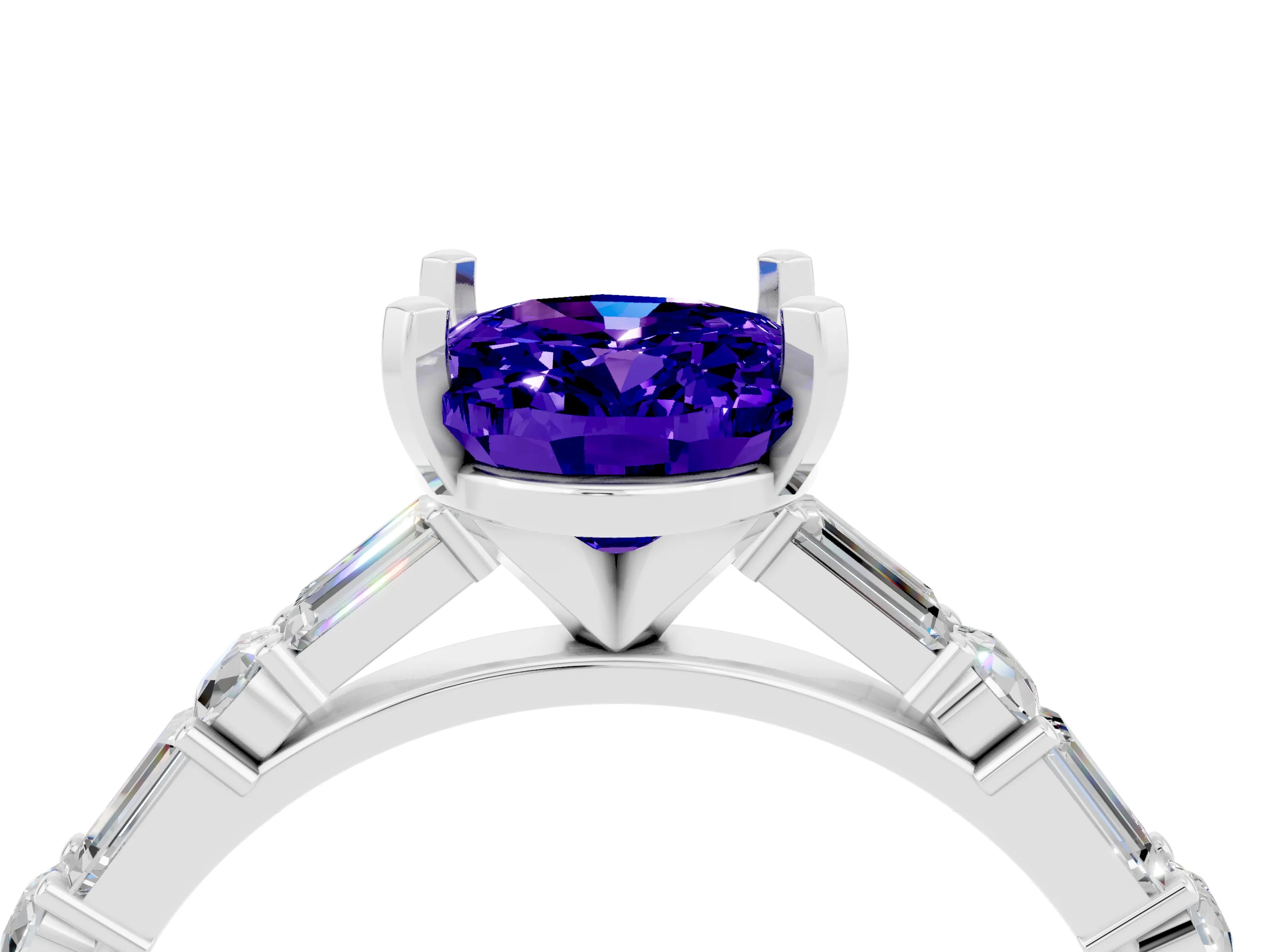 White gold Oval Cut Tanzanite Solitaire with Side Baguettes and Channel Set Band_4