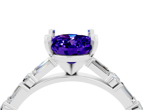 White gold Oval Cut Tanzanite Solitaire with Side Baguettes and Channel Set Band_4