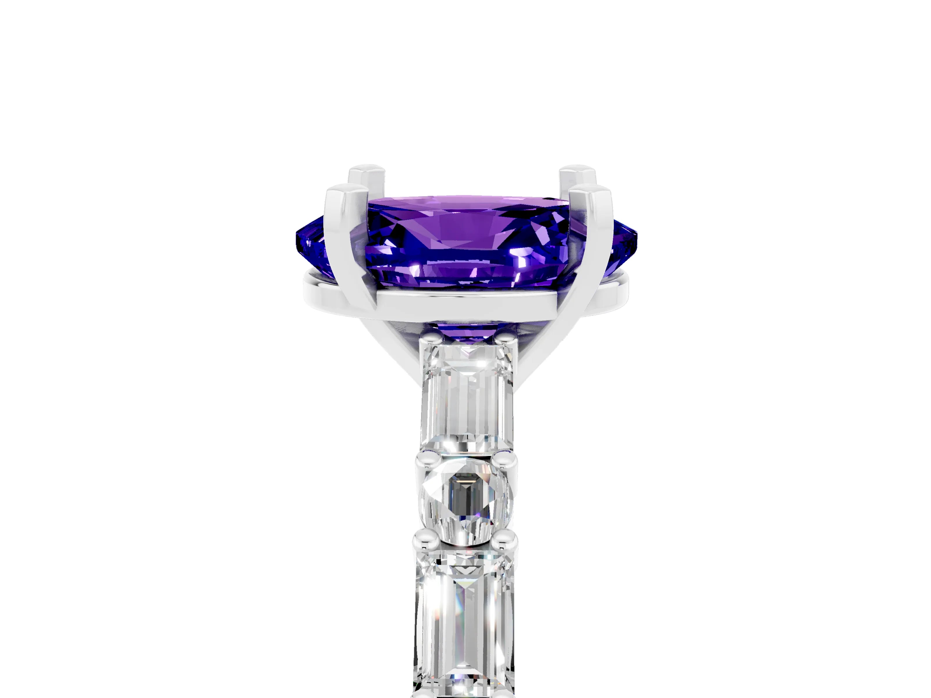 White gold Oval Cut Tanzanite Solitaire with Side Baguettes and Channel Set Band_5