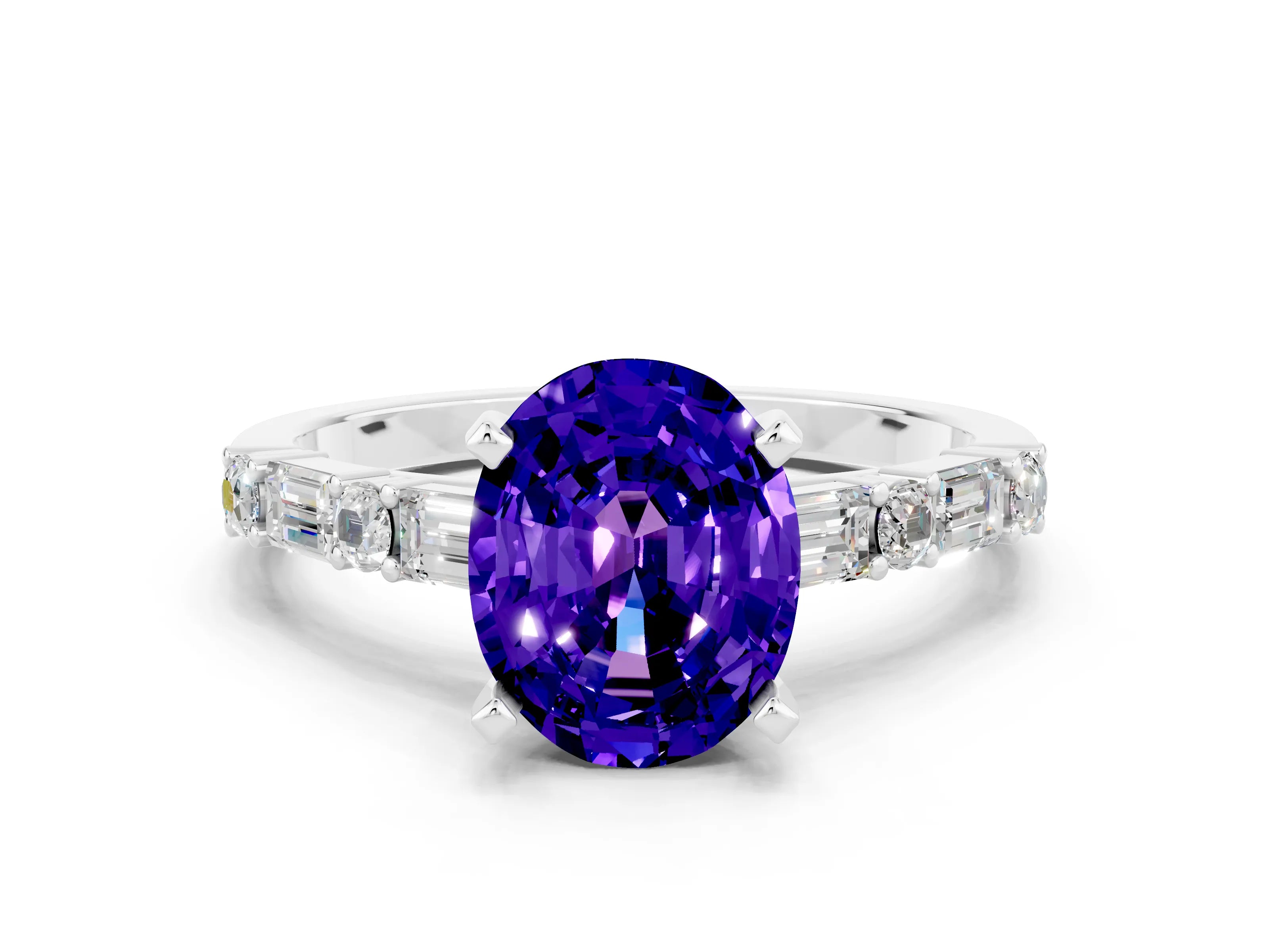 White gold Oval Cut Tanzanite Solitaire with Side Baguettes and Channel Set Band