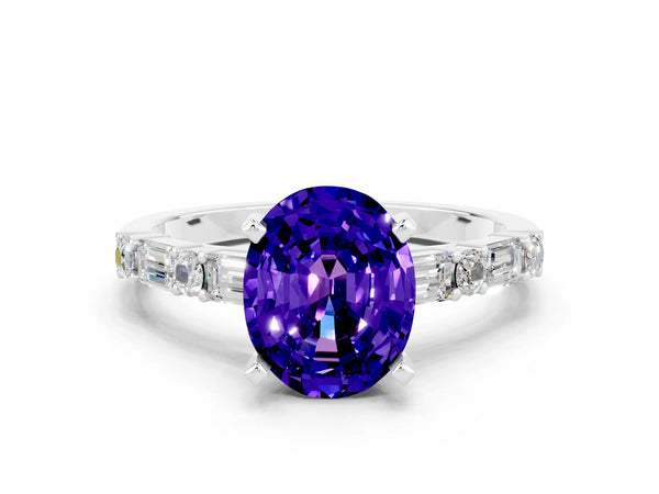 Silver Oval Cut Tanzanite Solitaire with Side Baguettes and Channel Set Band