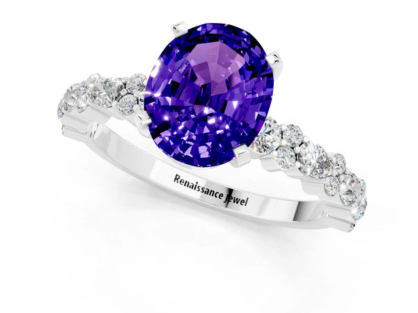 Platinum Oval Cut Tanzanite Side Stone Solitaire Ring with Round  and Four-Prong Setting