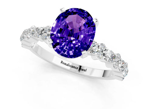 White gold Oval Cut Tanzanite Solitaire with Side Stones, Pave Band, Four-Prong Setting_37