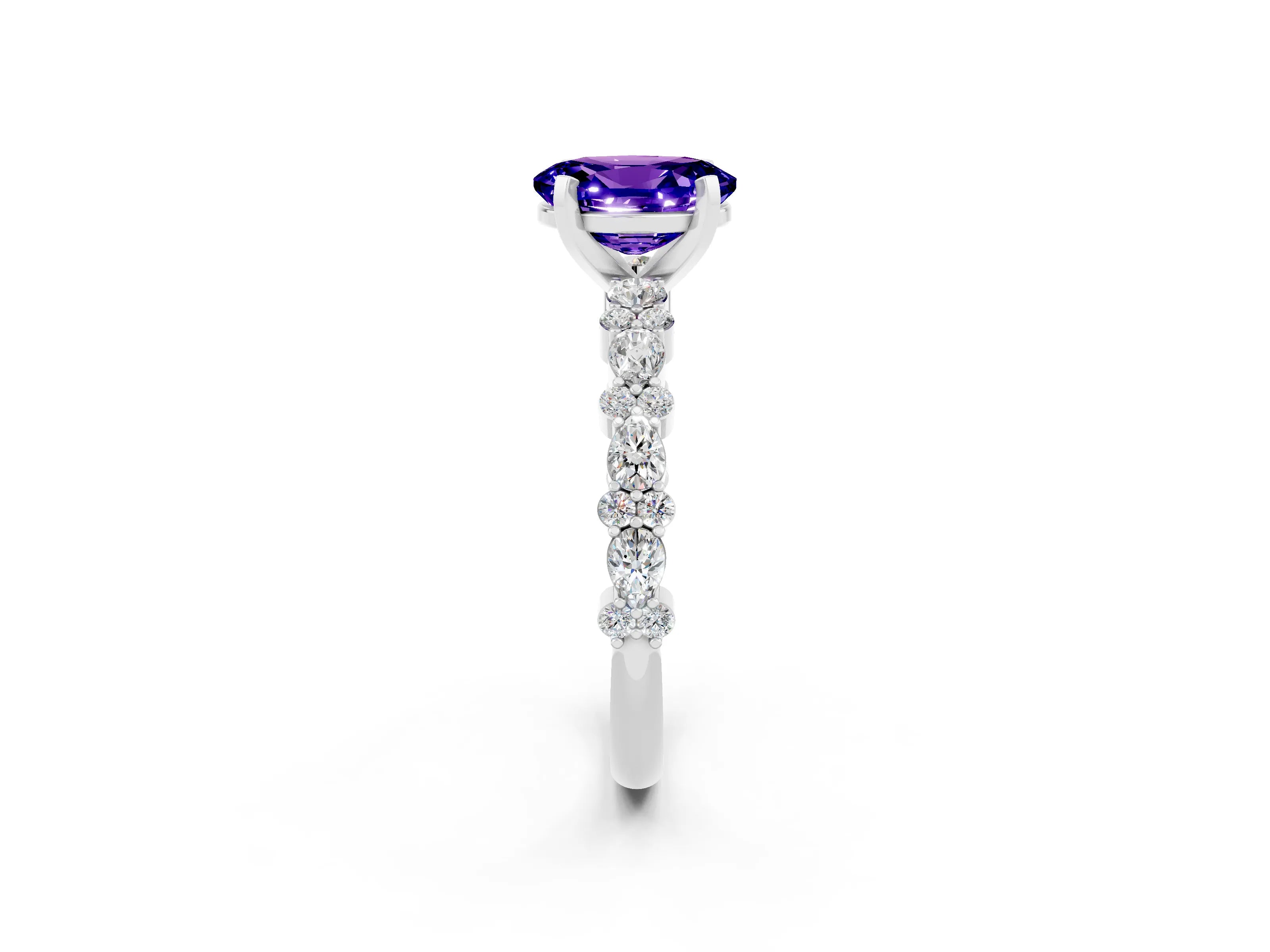 White gold Oval Cut Tanzanite Solitaire with Side Stones, Pave Band, Four-Prong Setting_38