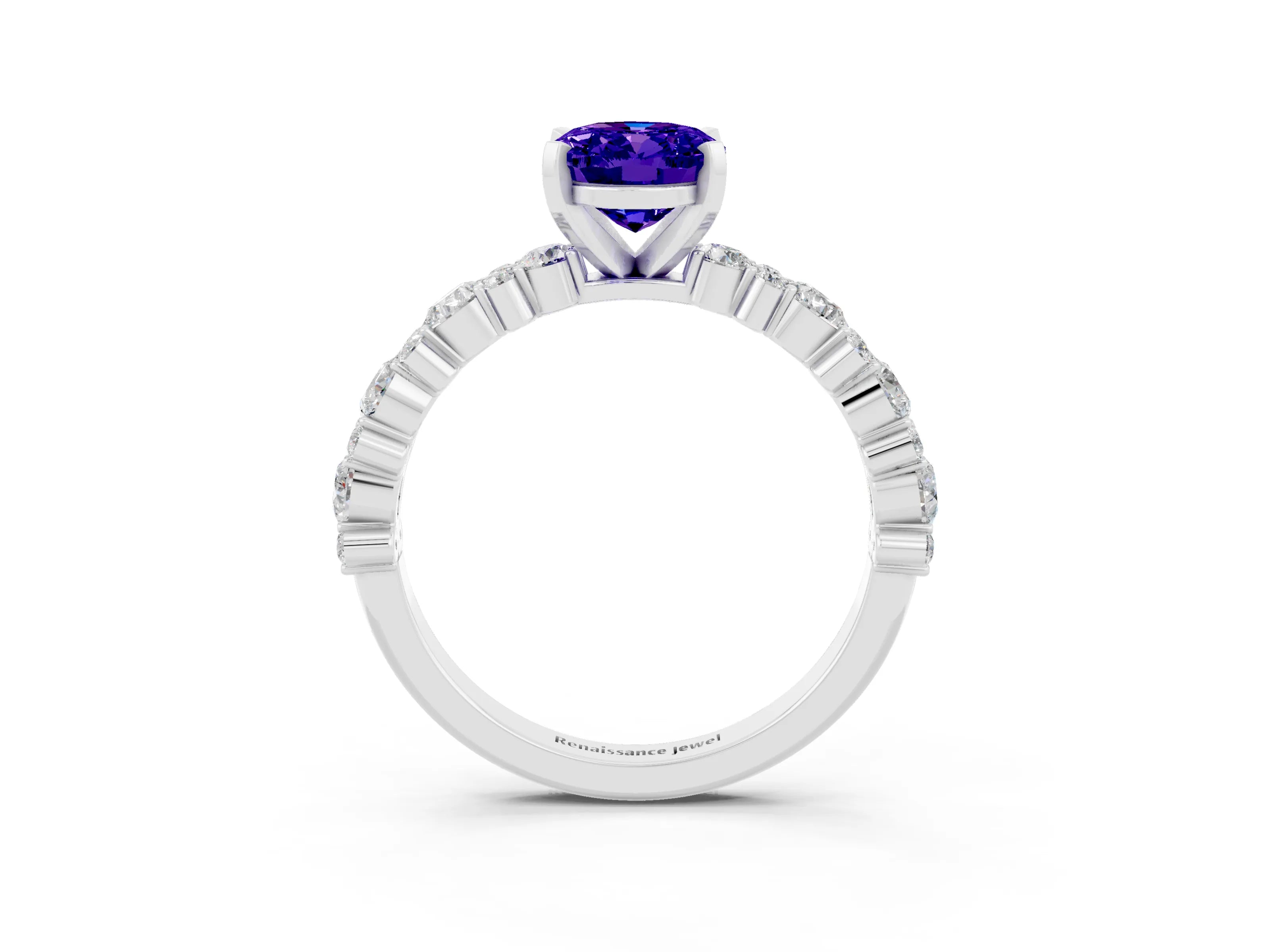 White gold Oval Cut Tanzanite Solitaire with Side Stones, Pave Band, Four-Prong Setting_39