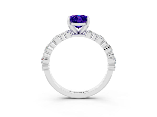 Platinum Oval Cut Tanzanite Side Stone Solitaire Ring with Round  and Four-Prong Setting