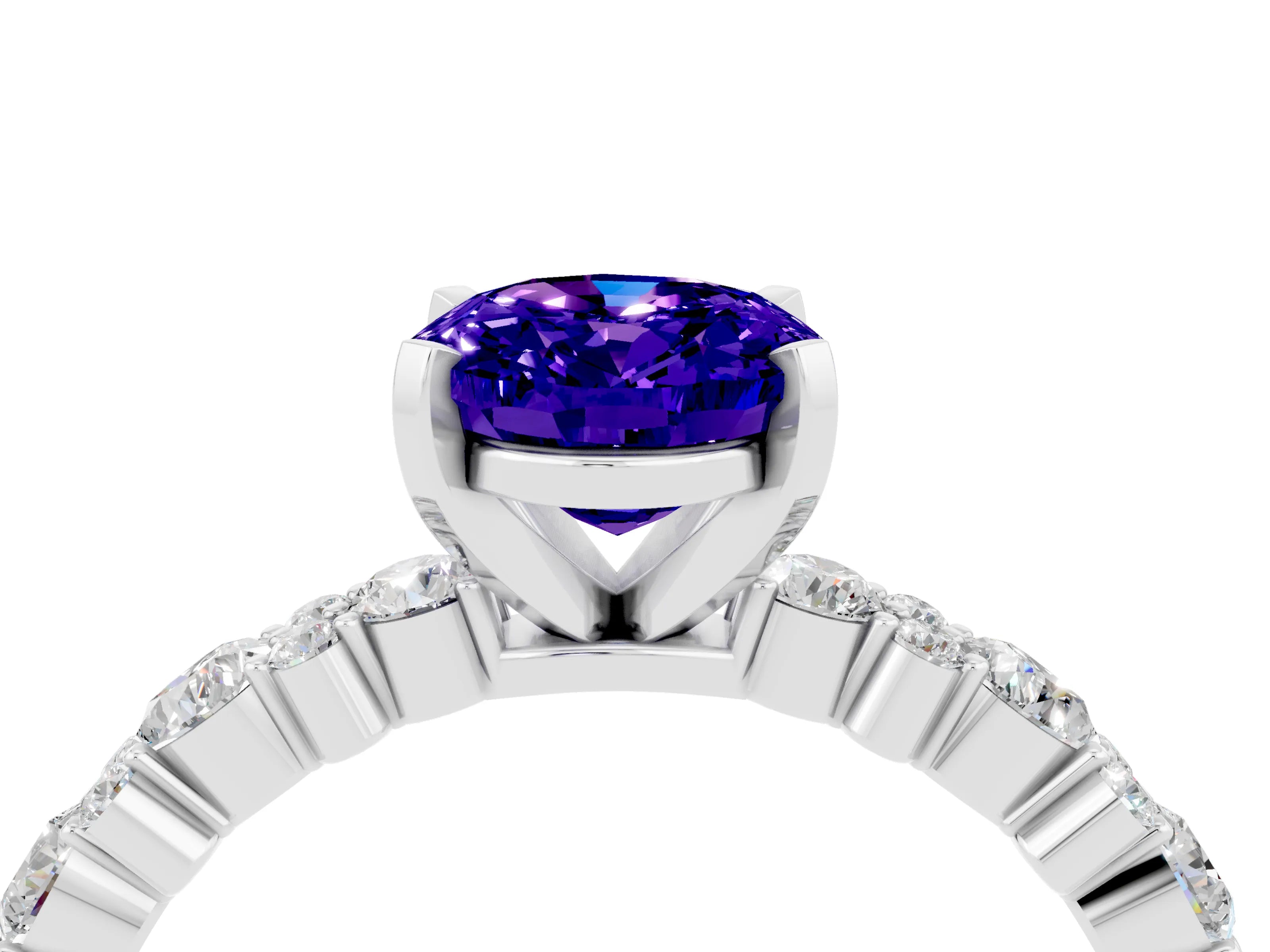 White gold Oval Cut Tanzanite Solitaire with Side Stones, Pave Band, Four-Prong Setting_40