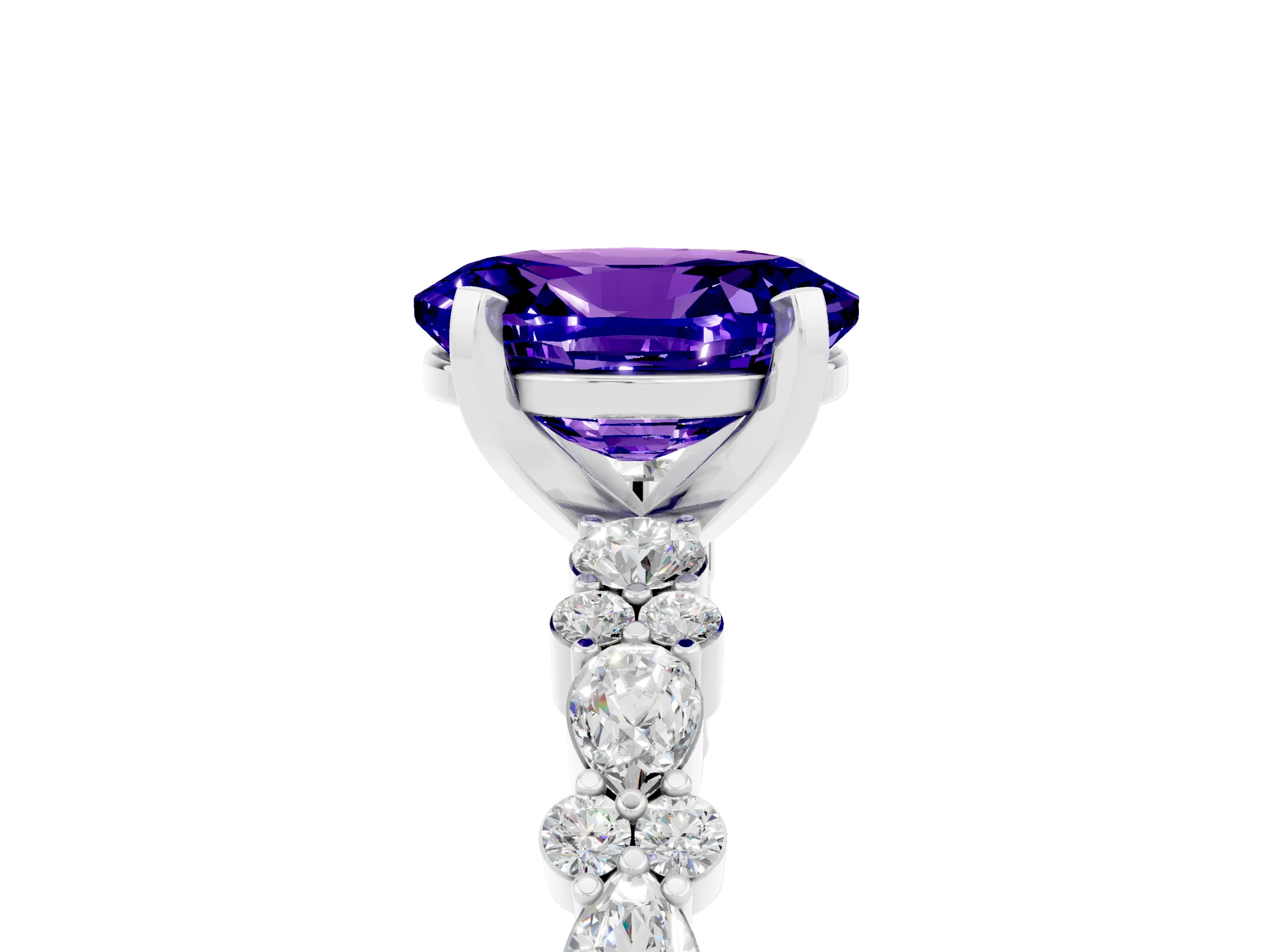 White gold Oval Cut Tanzanite Solitaire with Side Stones, Pave Band, Four-Prong Setting_41