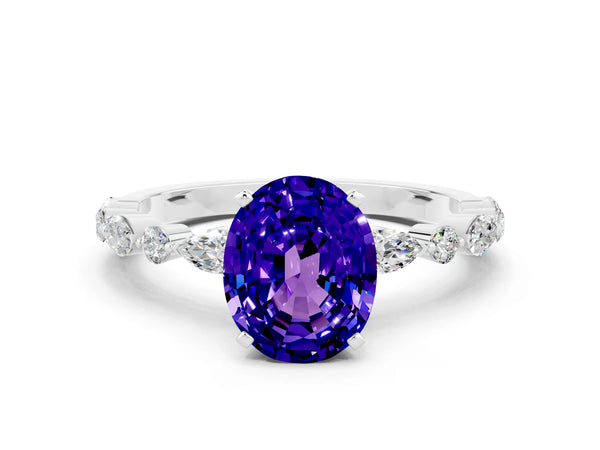 Platinum Oval Cut Tanzanite Ring with Marquise and Round  Side Stones and Four-Prong Setting