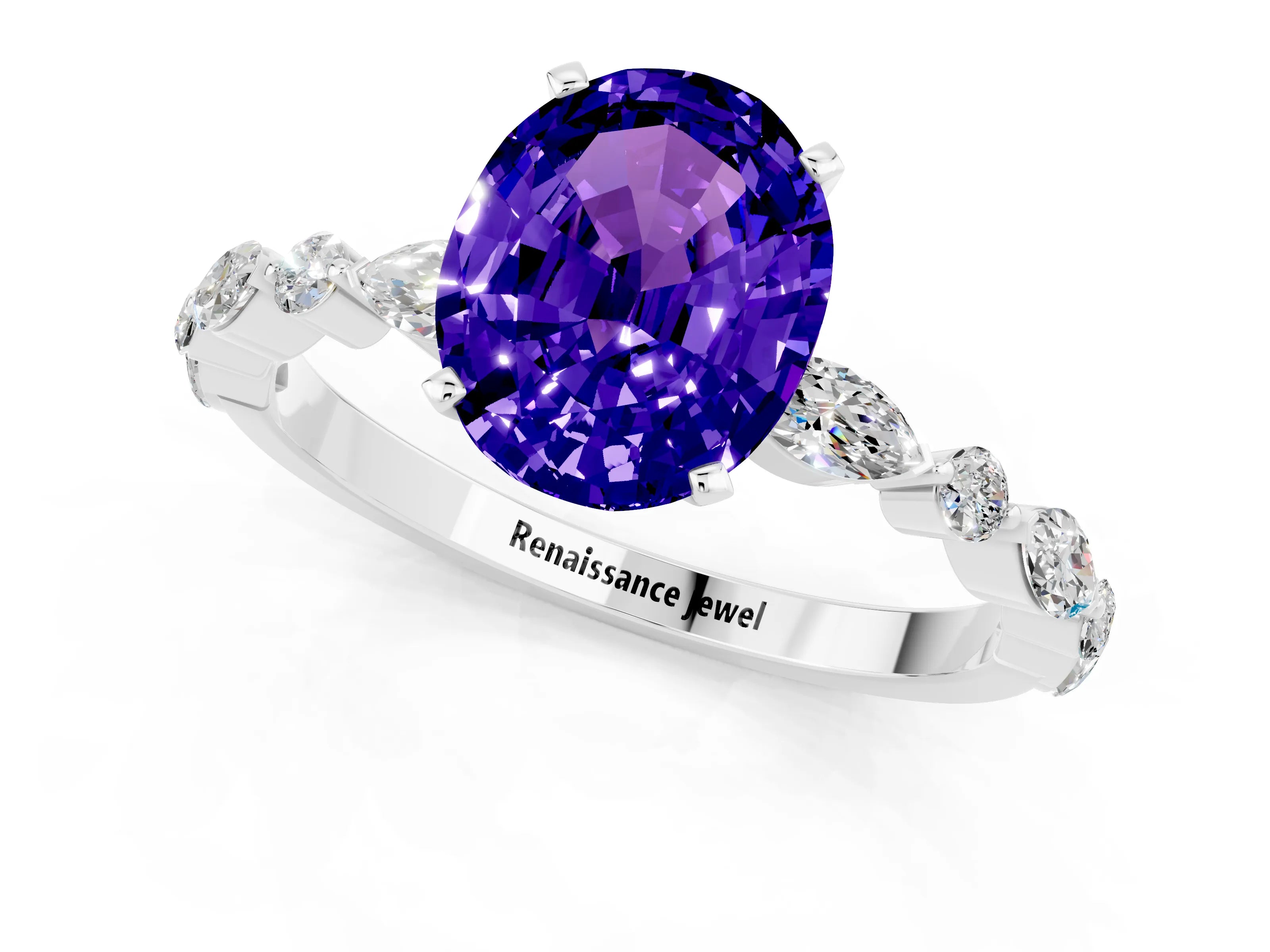 White gold Oval Cut Tanzanite Solitaire with Side Stones on a Pavé Band and Four-Prong Setting_1