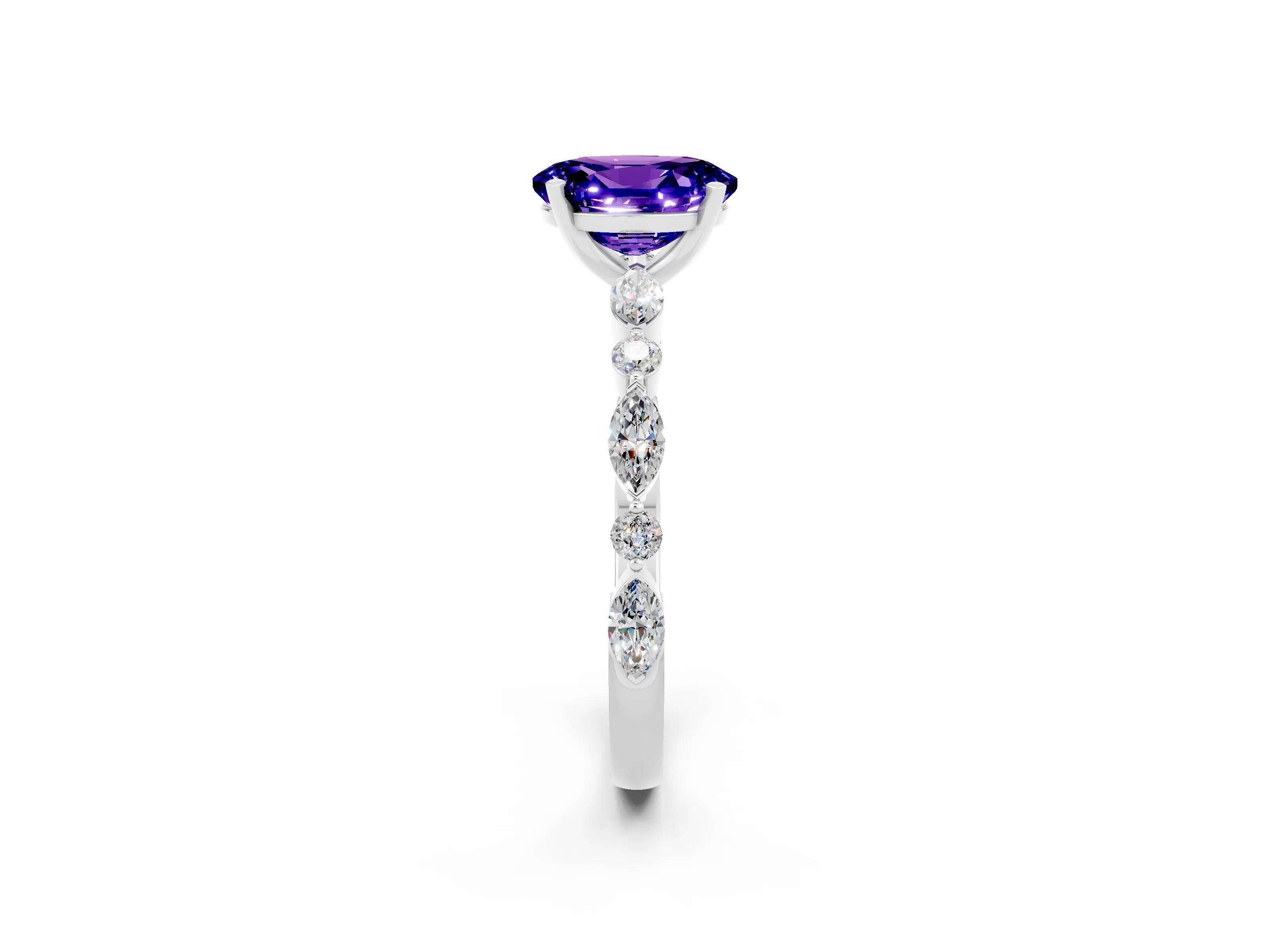 White gold Oval Cut Tanzanite Solitaire with Side Stones on a Pavé Band and Four-Prong Setting_2