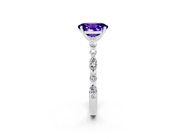 Silver Oval Cut Tanzanite Ring with Marquise and Round  Side Stones and Four-Prong Setting