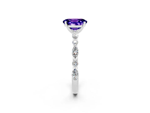 White gold Oval Cut Tanzanite Solitaire with Side Stones on a Pavé Band and Four-Prong Setting_2