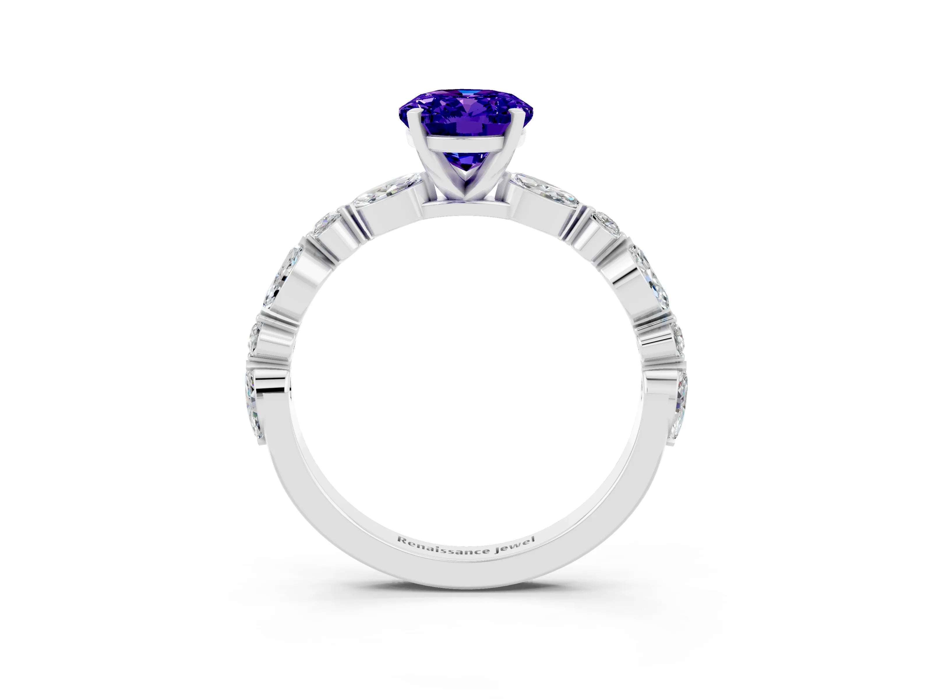 White gold Oval Cut Tanzanite Solitaire with Side Stones on a Pavé Band and Four-Prong Setting_3