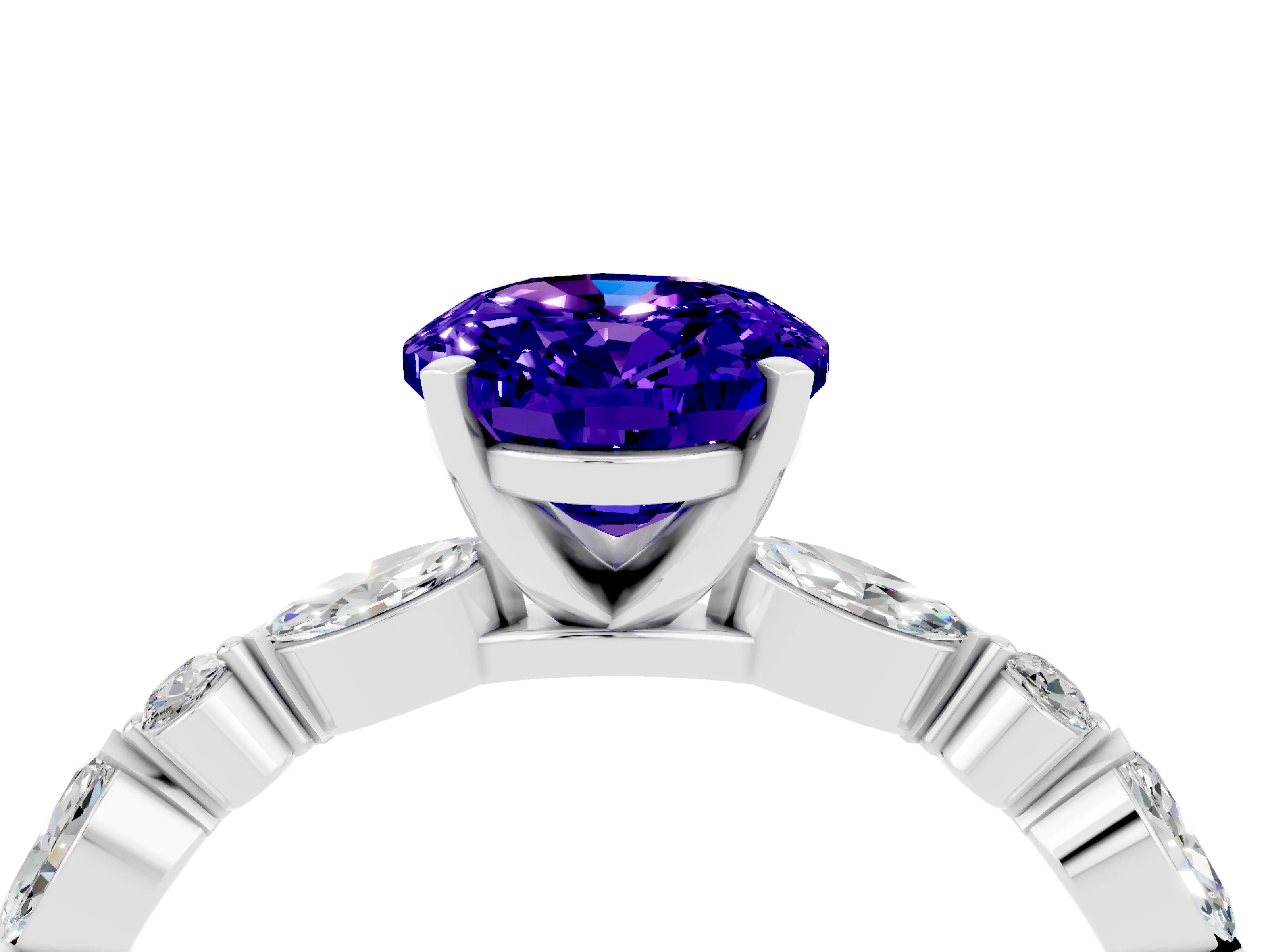 White gold Oval Cut Tanzanite Solitaire with Side Stones on a Pavé Band and Four-Prong Setting_4