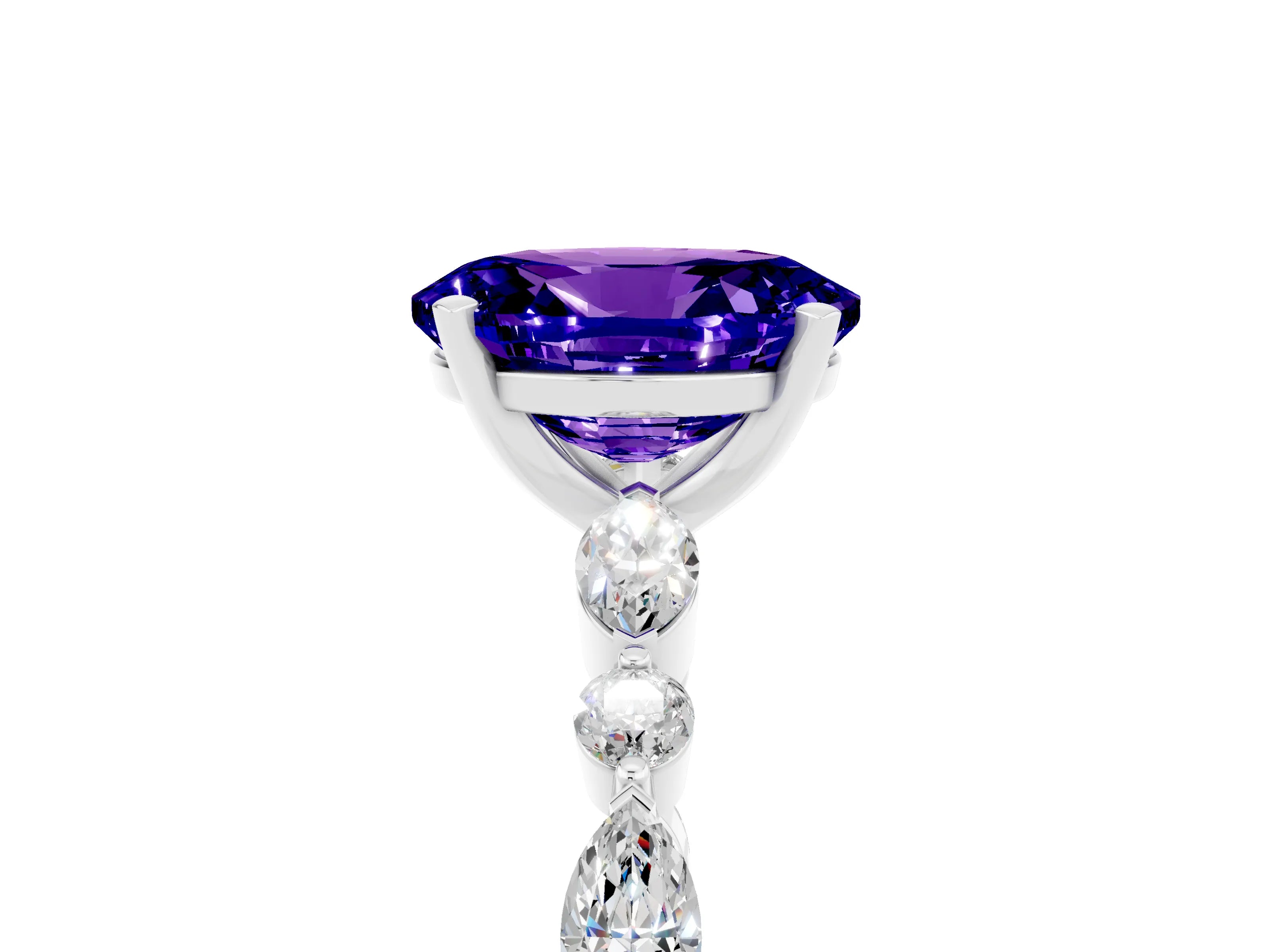 White gold Oval Cut Tanzanite Solitaire with Side Stones on a Pavé Band and Four-Prong Setting_5