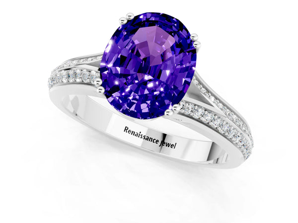Silver Oval Cut Tanzanite Split Shank Engagement Ring with Pavé Band