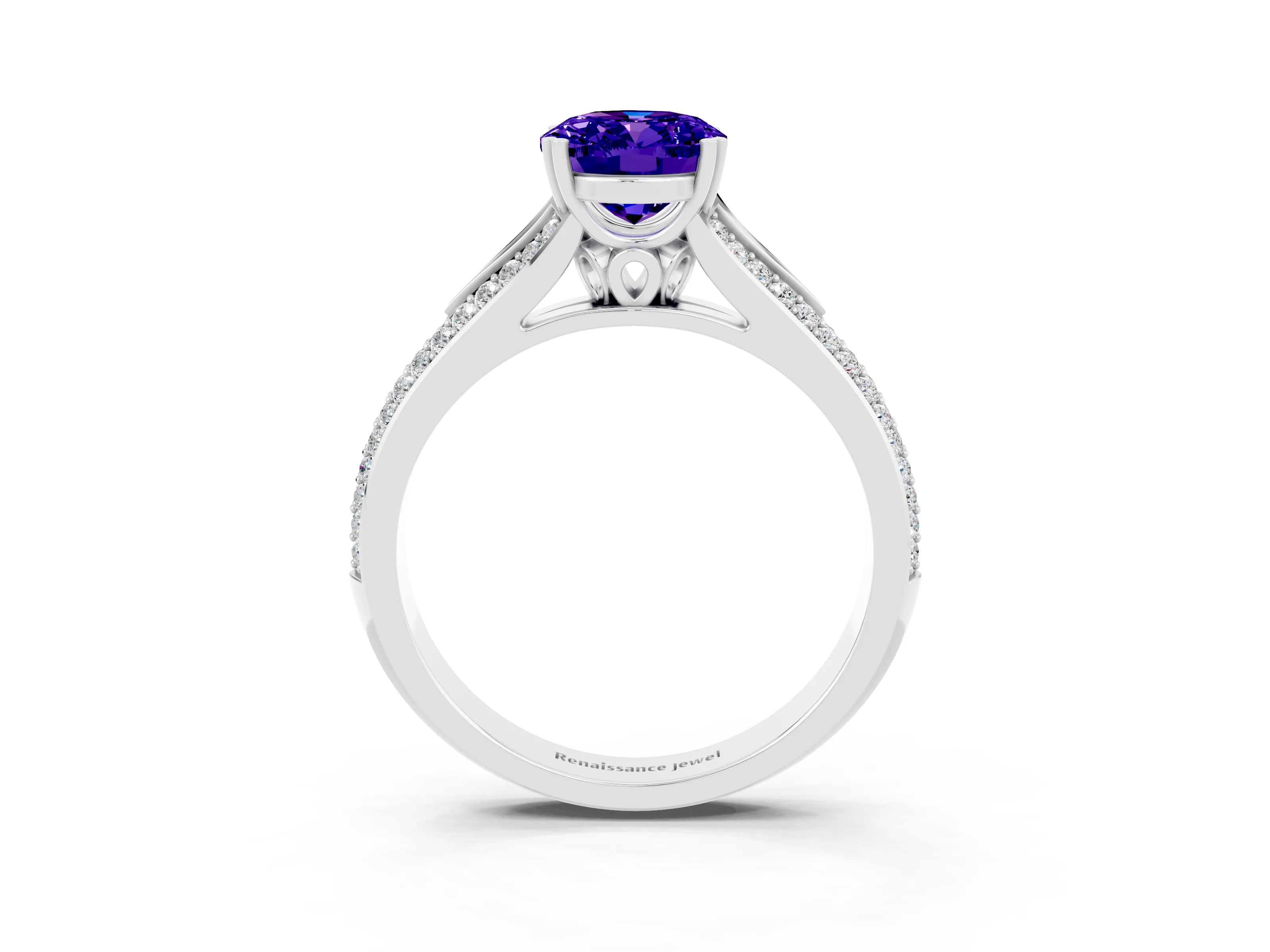 White gold Oval Cut Tanzanite Split Shank Engagement Ring with Pavé Band_3