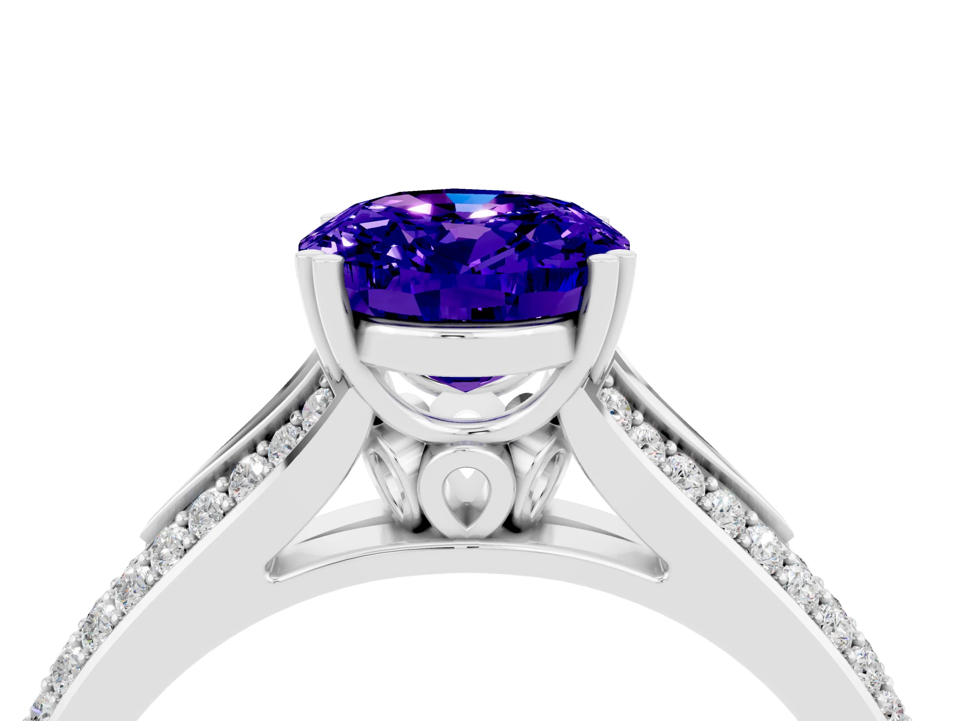 White gold Oval Cut Tanzanite Split Shank Engagement Ring with Pavé Band_4