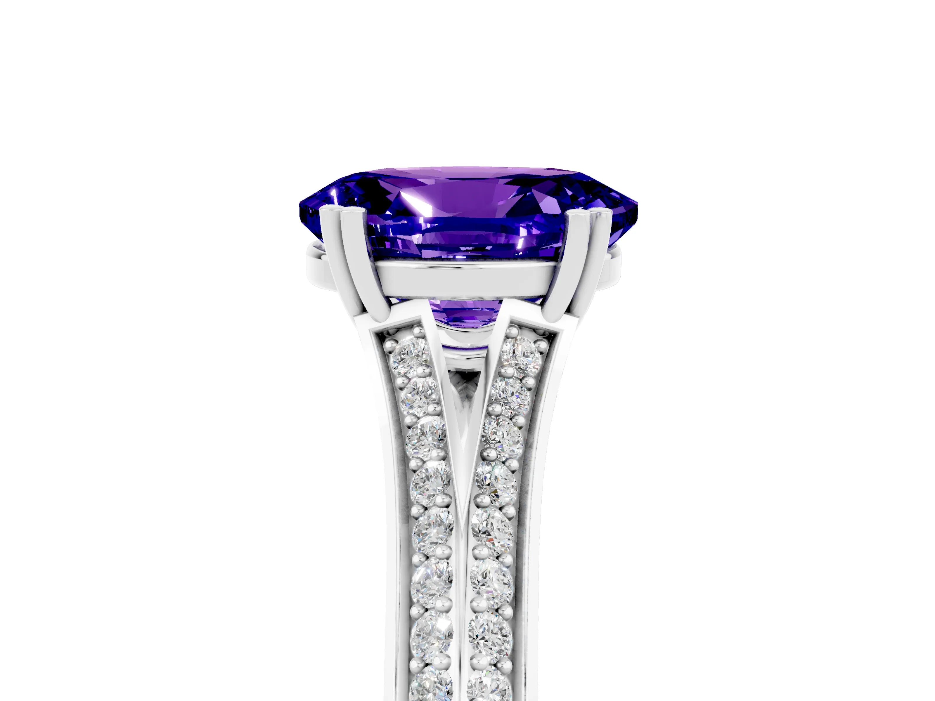 White gold Oval Cut Tanzanite Split Shank Engagement Ring with Pavé Band_5