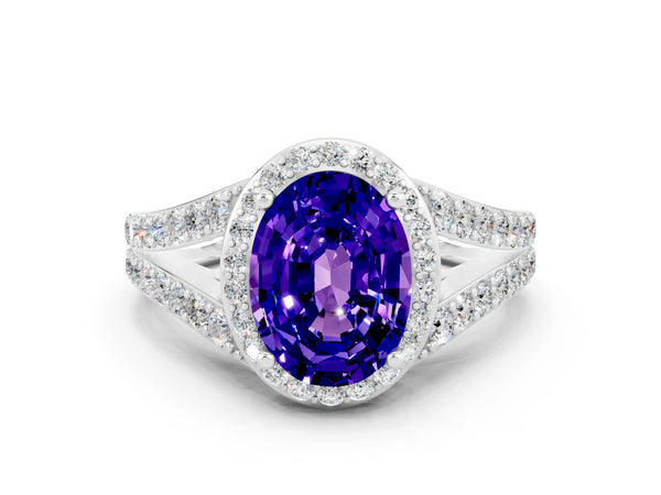 Platinum Oval Cut Tanzanite Split Shank Halo Ring with Four-Prong Setting
