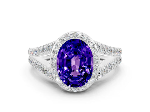 White gold Oval Cut Tanzanite Split Shank Halo Ring with Four-Prong Setting_12