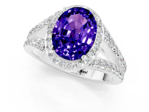 White gold Oval Cut Tanzanite Split Shank Halo Ring with Four-Prong Setting_13