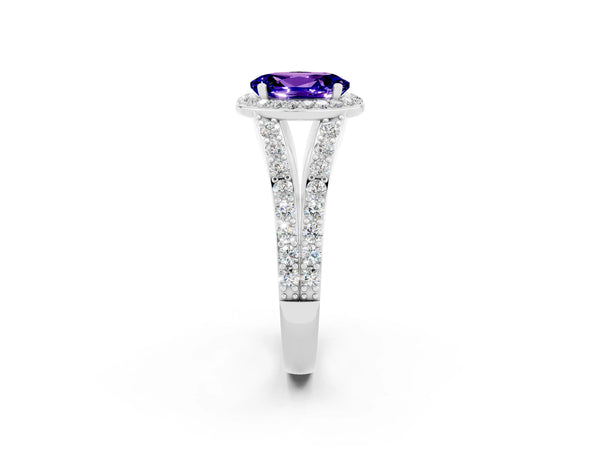 Platinum Oval Cut Tanzanite Split Shank Halo Ring with Four-Prong Setting