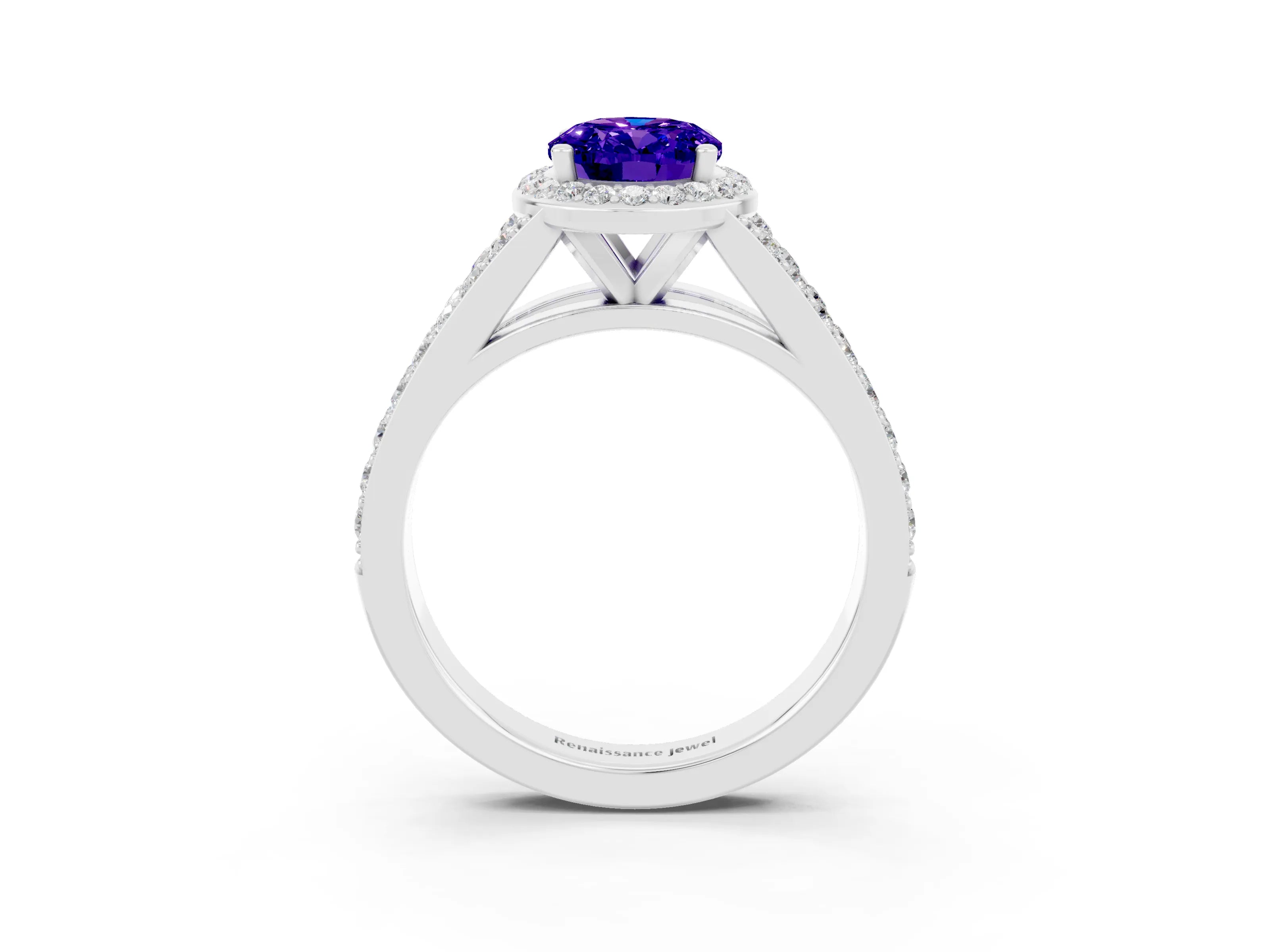 White gold Oval Cut Tanzanite Split Shank Halo Ring with Four-Prong Setting_15