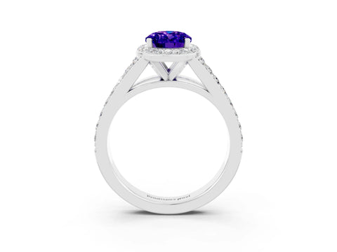 White gold Oval Cut Tanzanite Split Shank Halo Ring with Four-Prong Setting_15