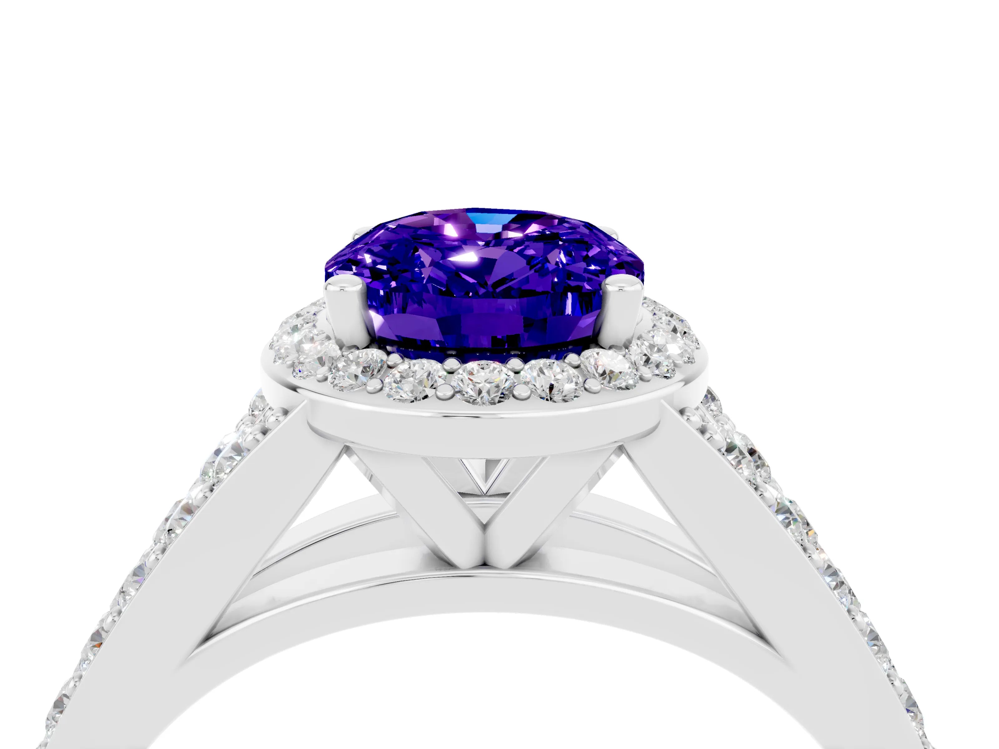 White gold Oval Cut Tanzanite Split Shank Halo Ring with Four-Prong Setting_16