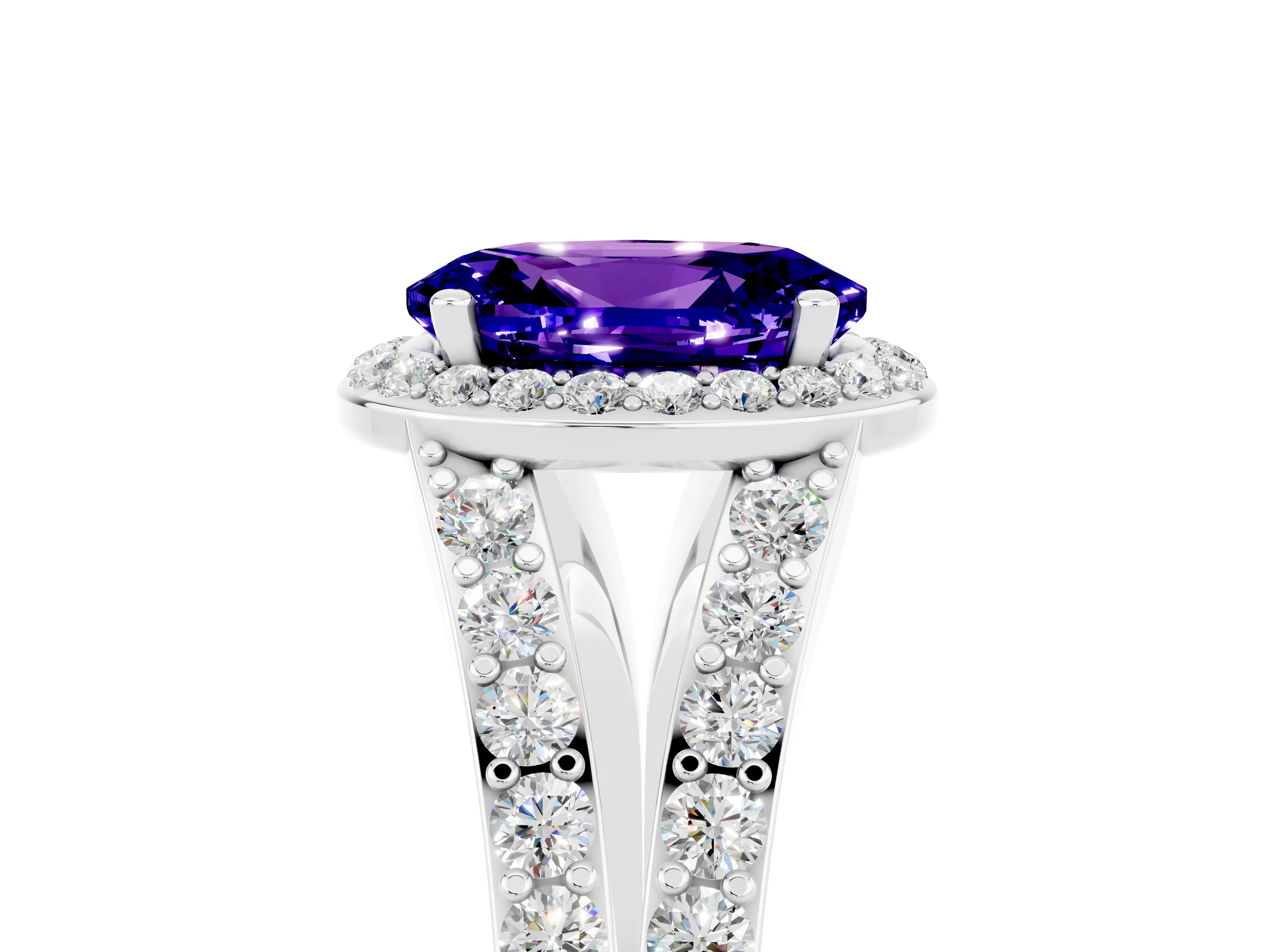 White gold Oval Cut Tanzanite Split Shank Halo Ring with Four-Prong Setting_17