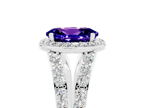 White gold Oval Cut Tanzanite Split Shank Halo Ring with Four-Prong Setting_17