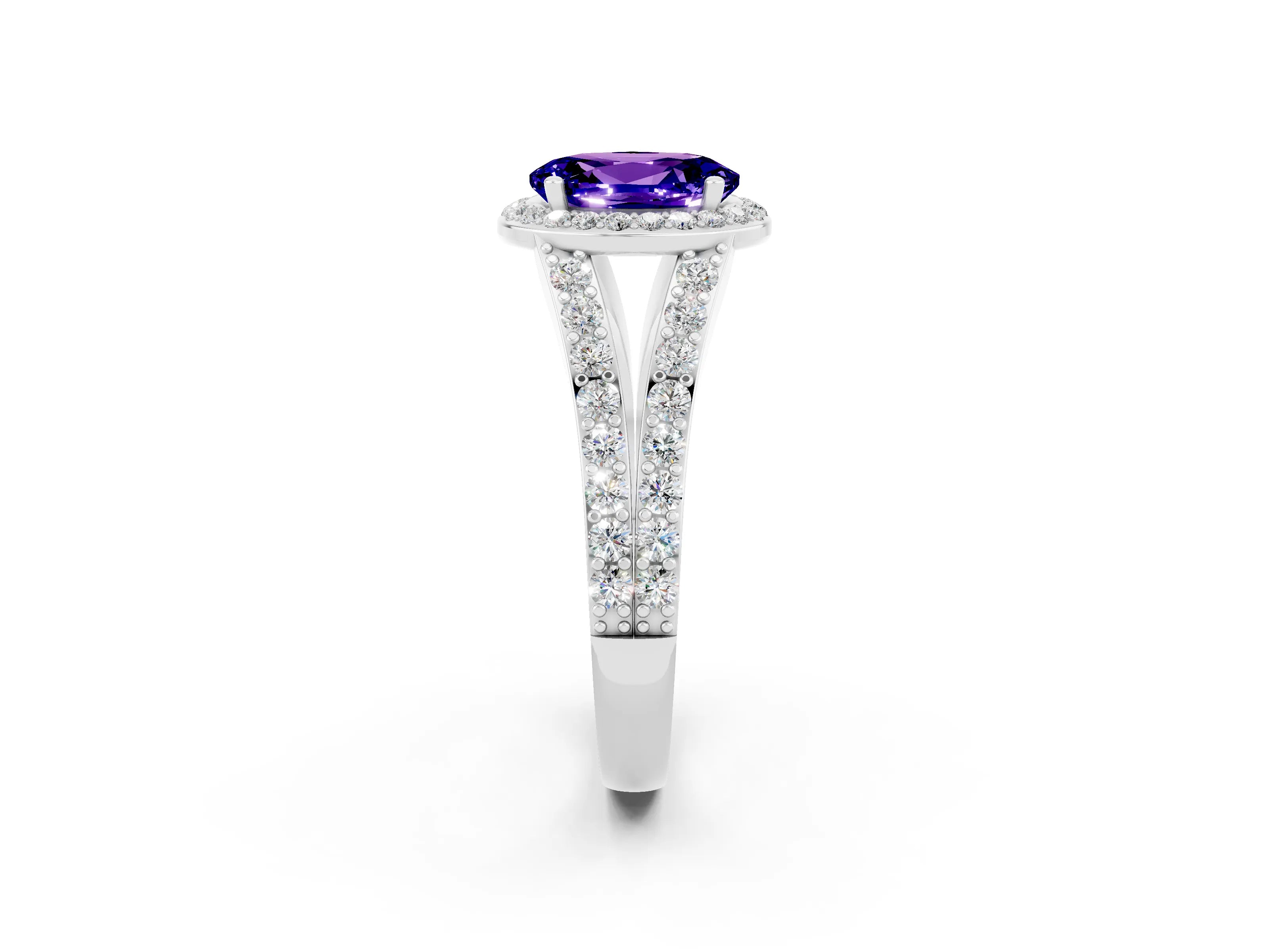 White gold Oval Cut Tanzanite Split Shank Halo Ring with Four-Prong Setting_26