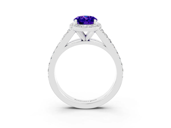 White gold Oval Cut Tanzanite Split Shank Halo Ring with Four-Prong Setting