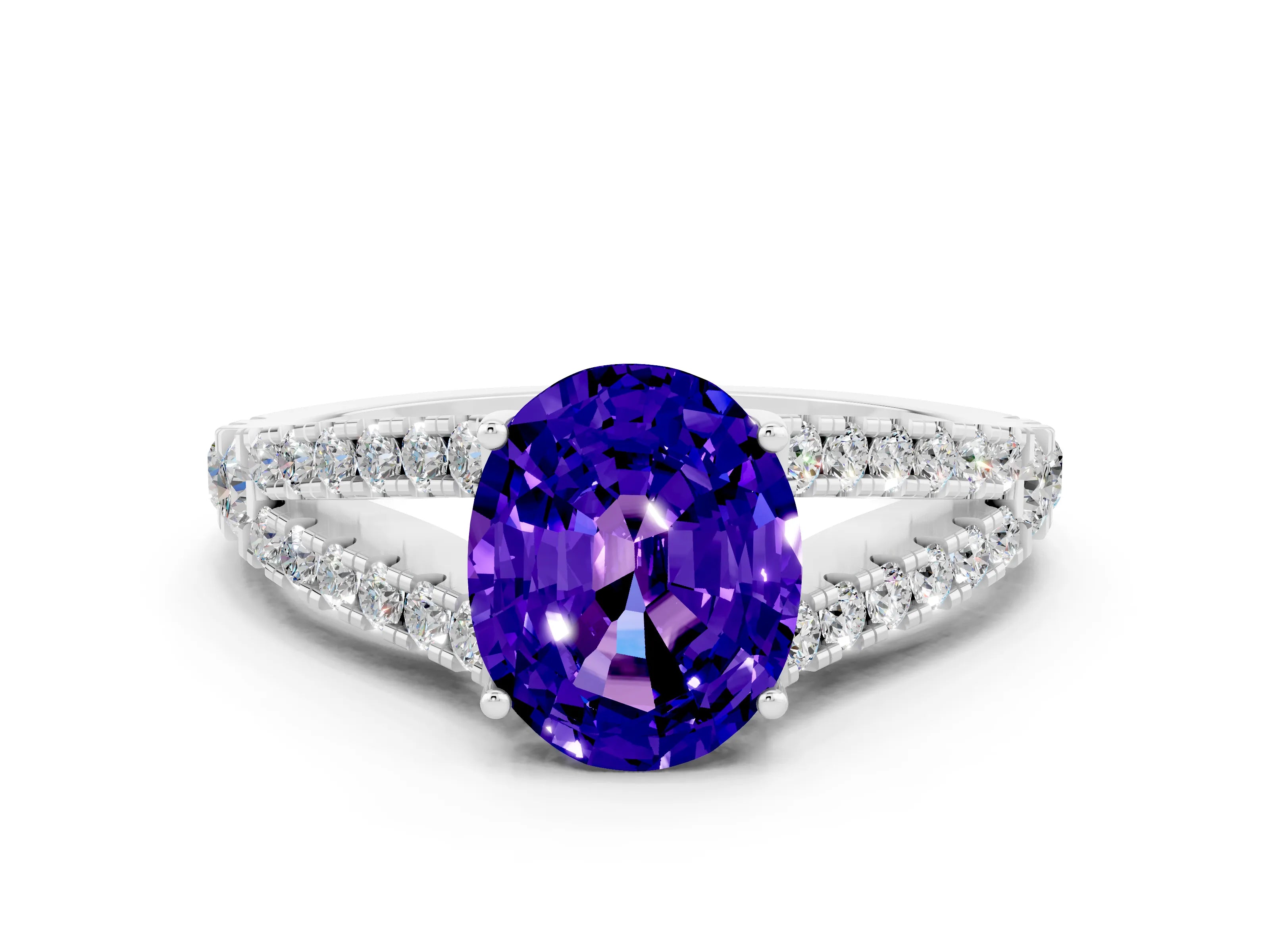 White gold Oval Cut Tanzanite Split Shank Pavé Engagement Ring with Four-Prong Setting_12