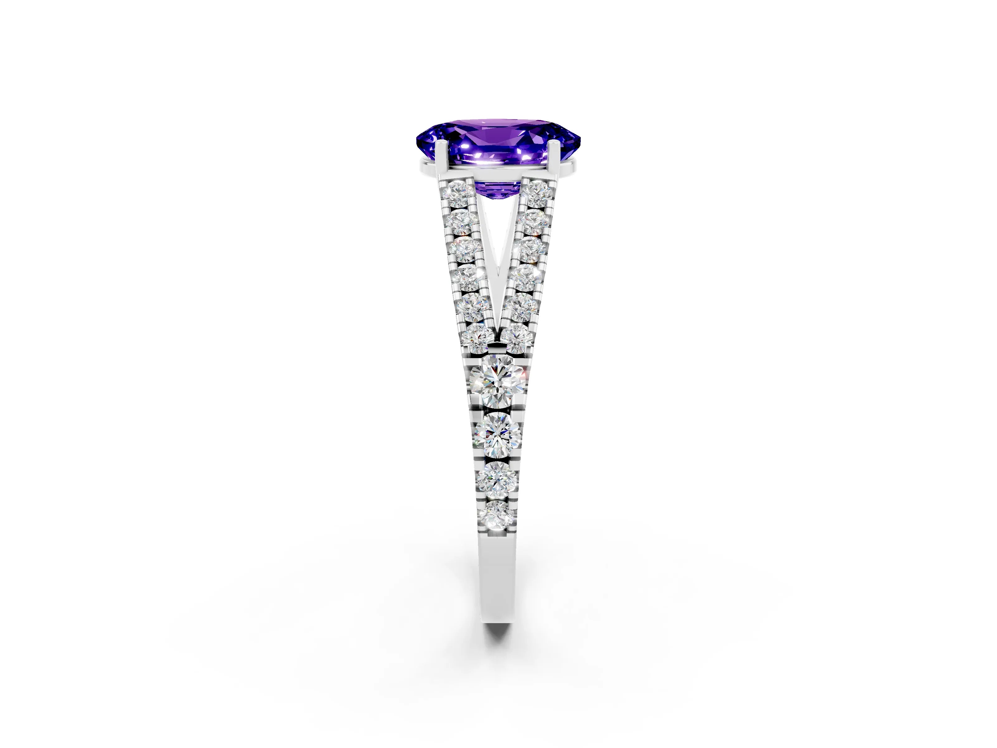 White gold Oval Cut Tanzanite Split Shank Pavé Engagement Ring with Four-Prong Setting_14
