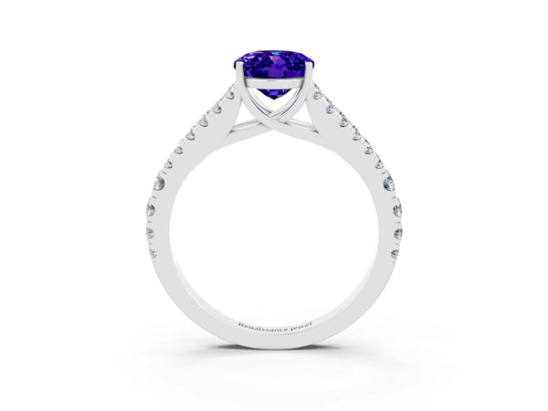 Platinum Oval Cut Tanzanite Split Shank Pavé Engagement Ring with Four-Prong Setting