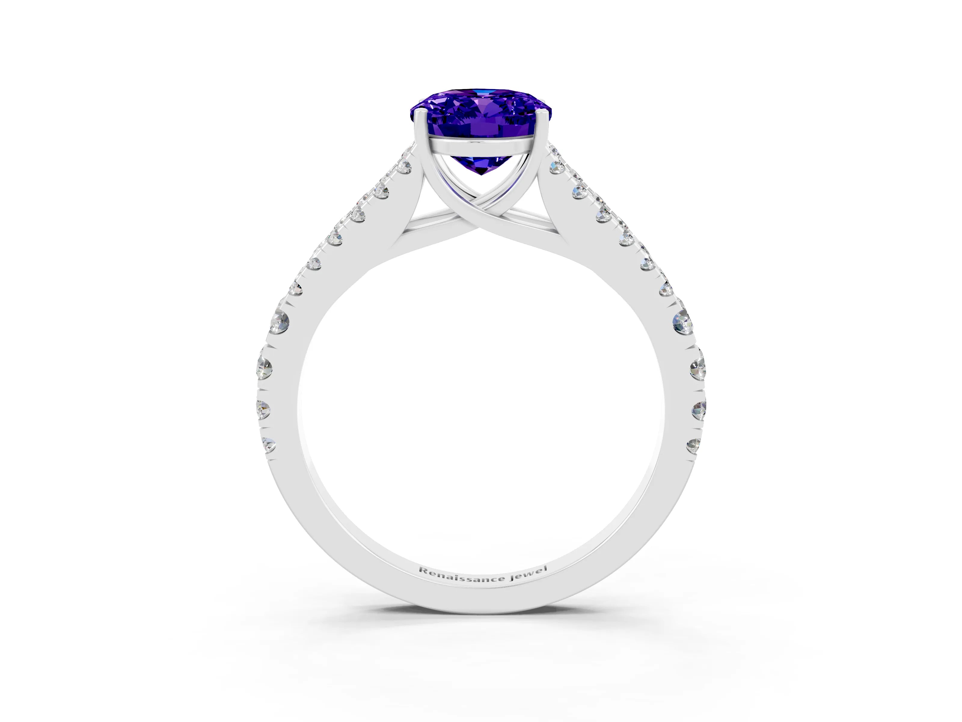 White gold Oval Cut Tanzanite Split Shank Pavé Engagement Ring with Four-Prong Setting_15
