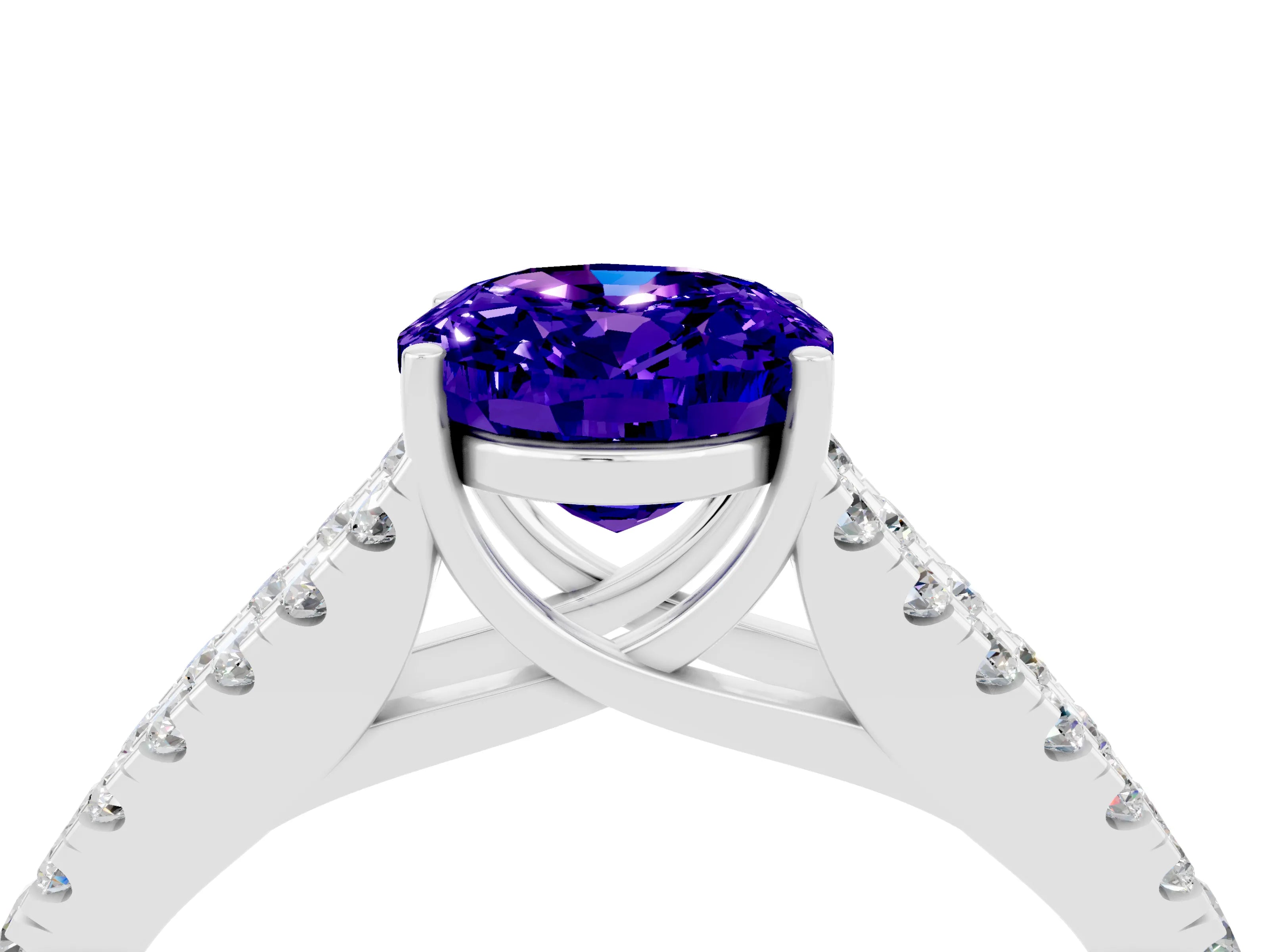 White gold Oval Cut Tanzanite Split Shank Pavé Engagement Ring with Four-Prong Setting_16